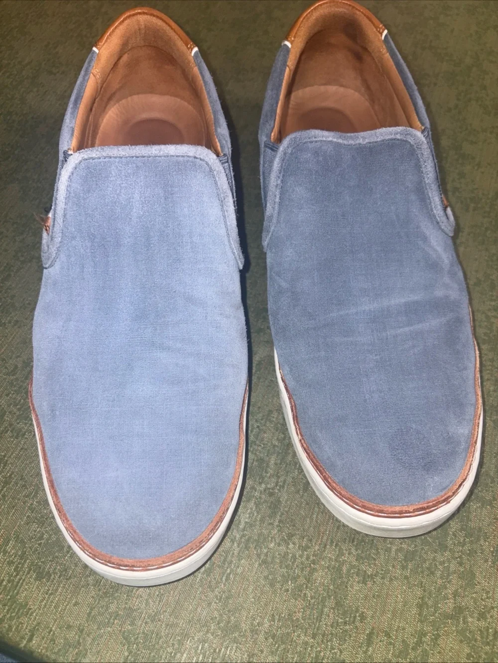 Allen Edmonds Light Blue Suede Slip-On Loafers with Tan Leather Trim